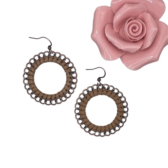 Faux Suede Boho Threaded Drop Hoop Earrings - Picture 2 of 5
